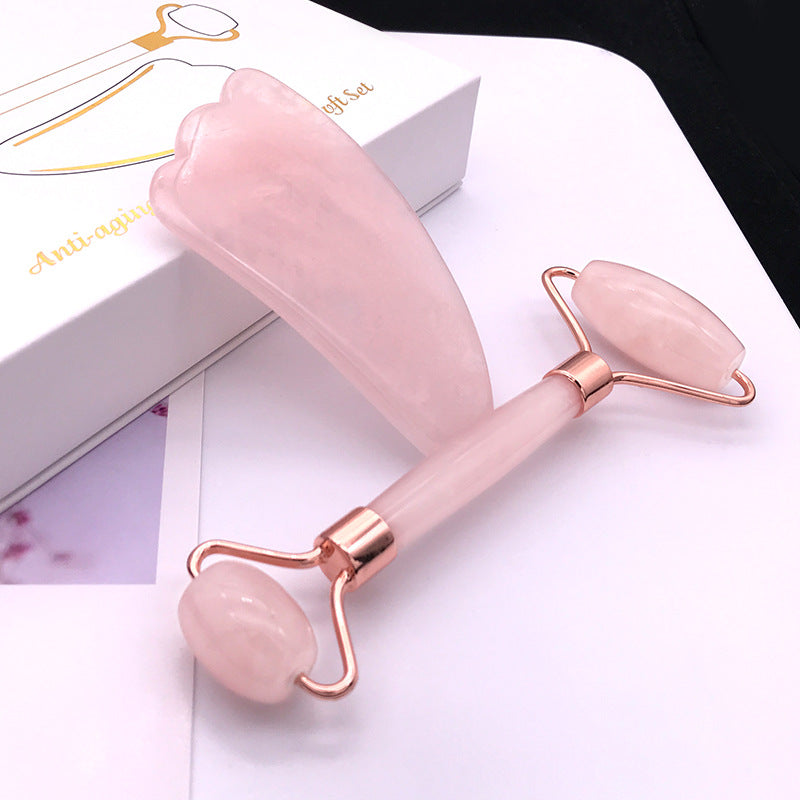 Pink Crystal Facial Roller Set Jade Massager for Skincare and Body