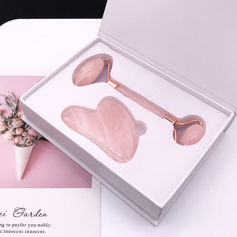 Pink Crystal Facial Roller Set Jade Massager for Skincare and Body